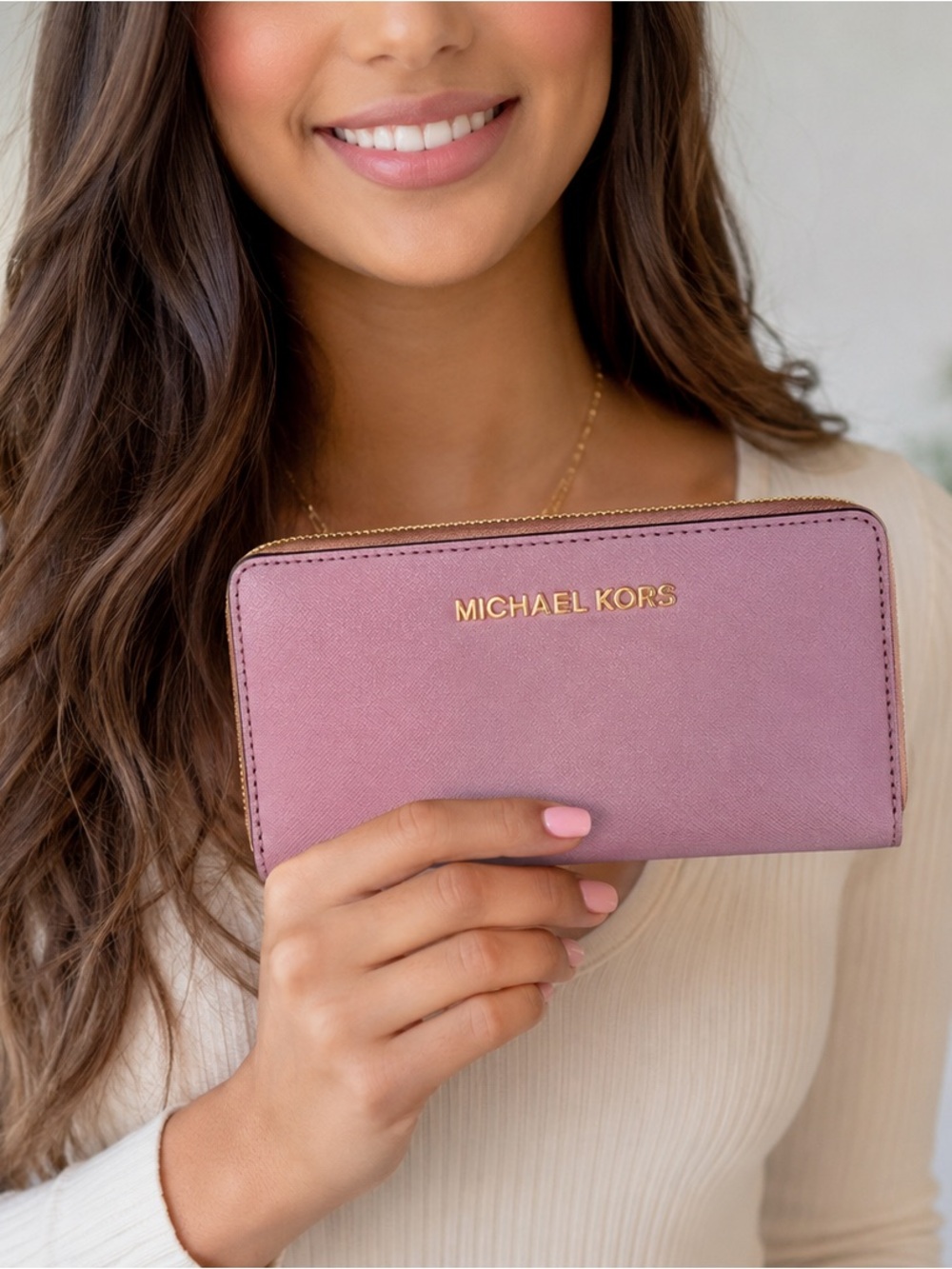 Michael Kors Dusty Pink Saffiano Zip Pouch with Gold Logo